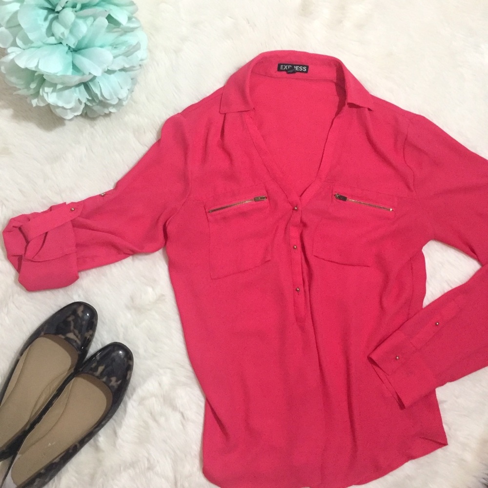 Express Two Pocket Popover Blouse Coral with Gold Studs XS